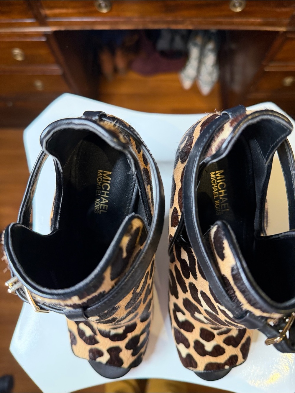 Michael Kors Leopard Print Open-Toe Ankle Booties - Tan & Black - Picture 6 of 10